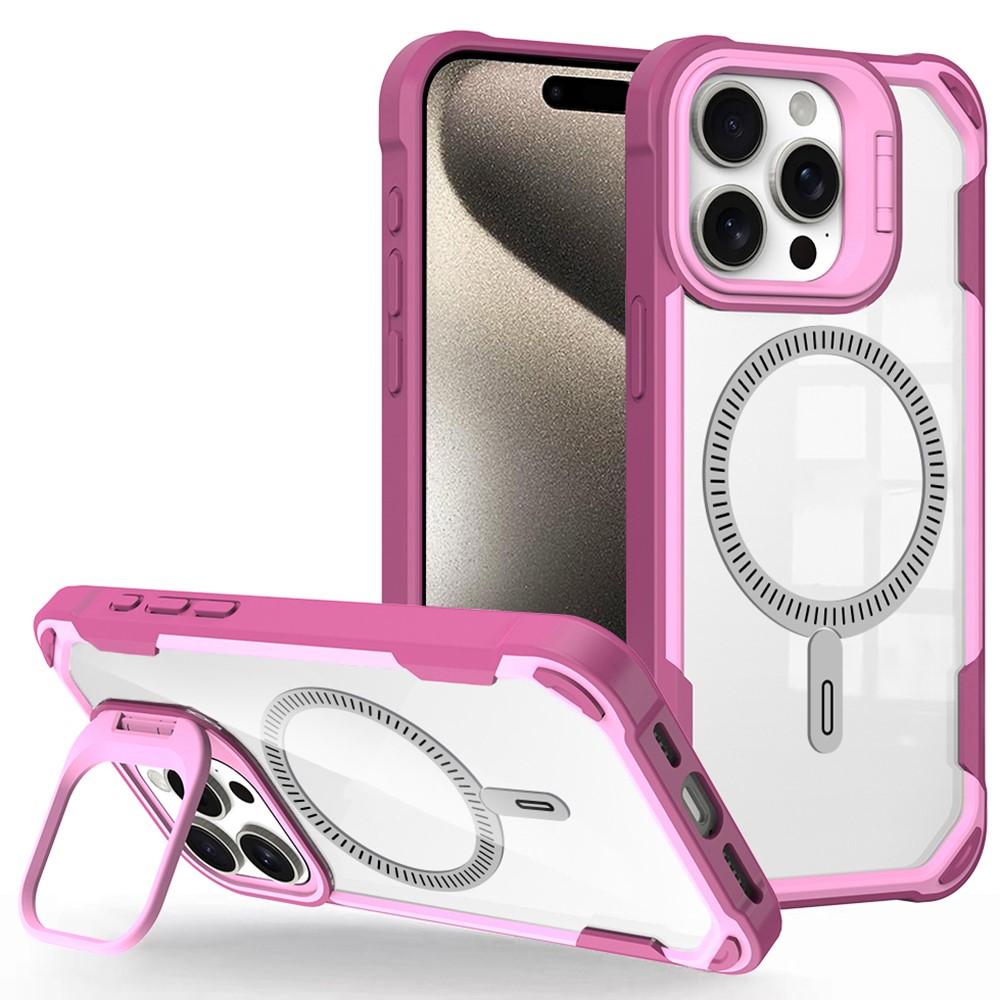 For iPhone 14 Pro Case PC+TPU+Acrylic Back Cover with Lens Kickstand Compatible with MagSafe - Pink