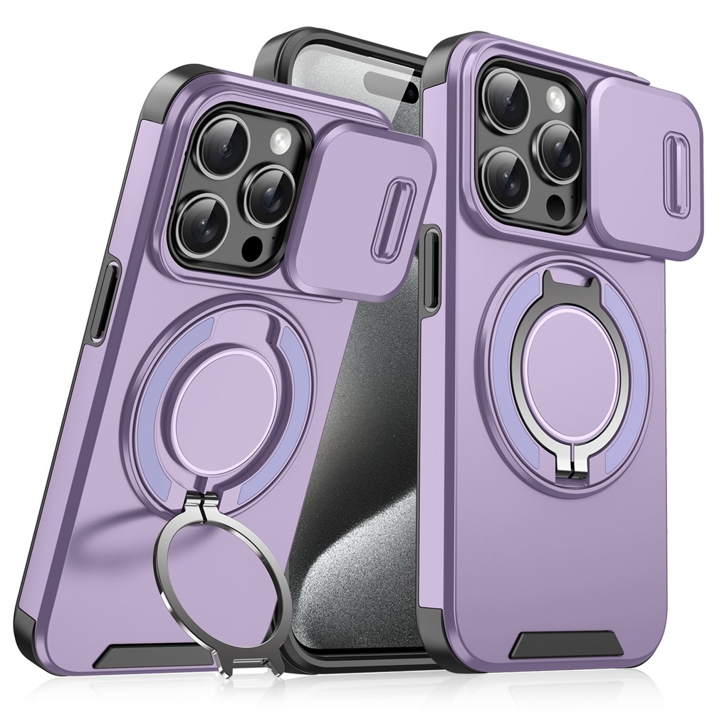 For iPhone 14 Pro Magnetic Case with Camera Lens Slide Lid TPU+PC Kickstand Phone Cover - Purple
