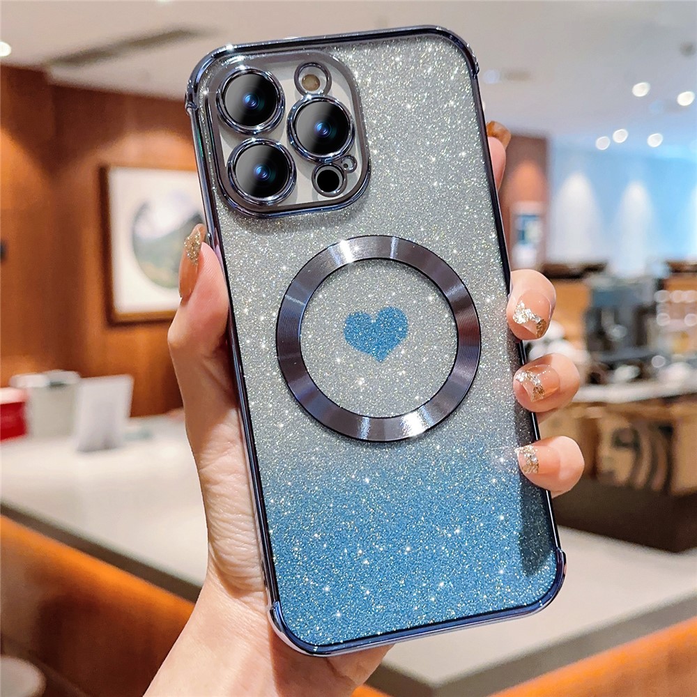For iPhone 14 Pro Glitter Case Compatible with MagSafe TPU Phone Cover Love Heart Electroplating - Blue