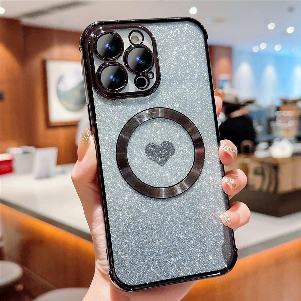 For iPhone 14 Pro Glitter Case Compatible with MagSafe TPU Phone Cover Love Heart Electroplating - Black