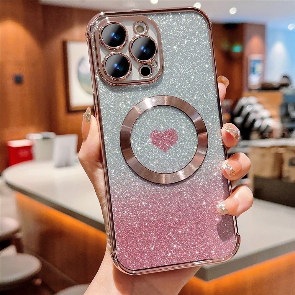 For iPhone 14 Pro Glitter Case Compatible with MagSafe TPU Phone Cover Love Heart Electroplating - Rose Pink