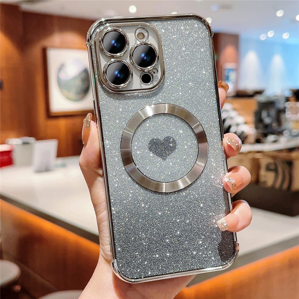 For iPhone 14 Pro Glitter Case Compatible with MagSafe TPU Phone Cover Love Heart Electroplating - Silver
