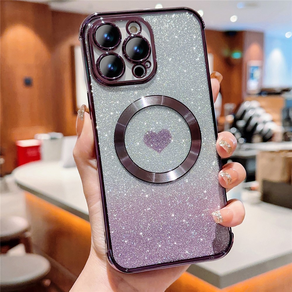 For iPhone 14 Pro Glitter Case Compatible with MagSafe TPU Phone Cover Love Heart Electroplating - Dark Purple