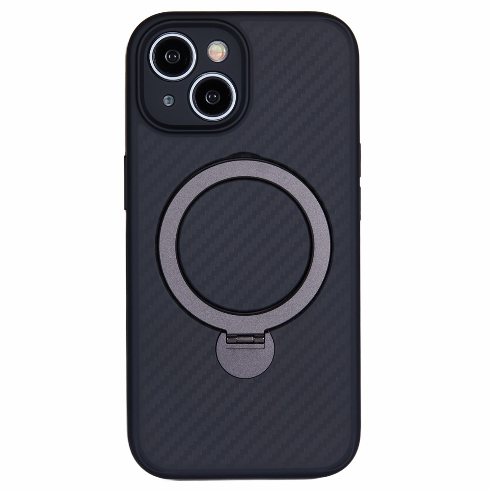 For iPhone 15 Case TPU+PC Carbon Fiber Texture Phone Cover with Rotatable Magnetic Kickstand