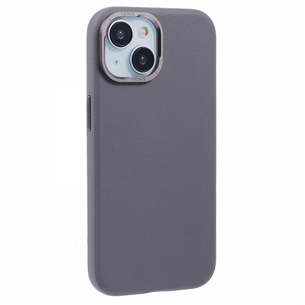 X-LEVEL For iPhone 15 Case Leather + PC Anti-Scratch Phone Case Metal Lens Frame - Grey