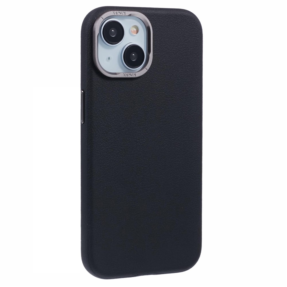 X-LEVEL For iPhone 15 Case Leather + PC Anti-Scratch Phone Case Metal Lens Frame - Black