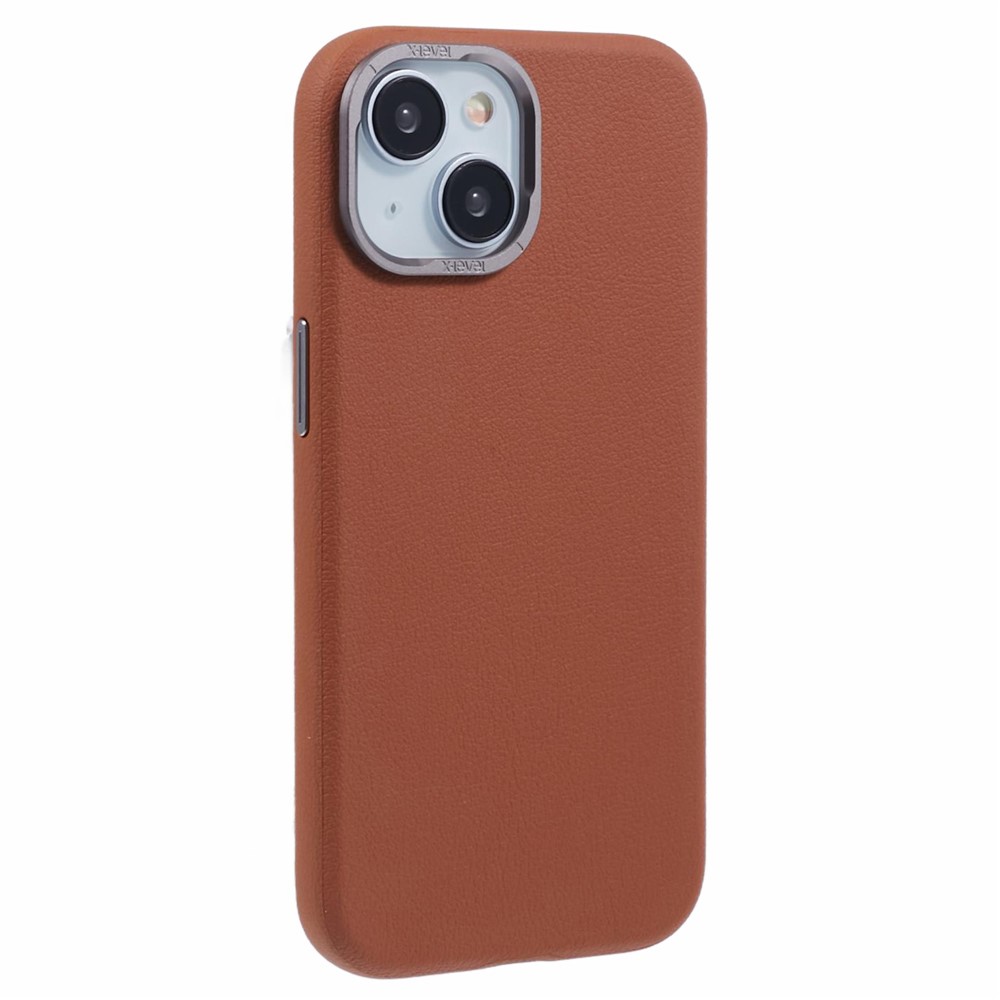 X-LEVEL For iPhone 15 Case Leather + PC Anti-Scratch Phone Case Metal Lens Frame - Brown