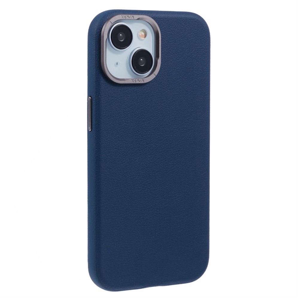 X-LEVEL For iPhone 15 Case Leather + PC Anti-Scratch Phone Case Metal Lens Frame - Blue