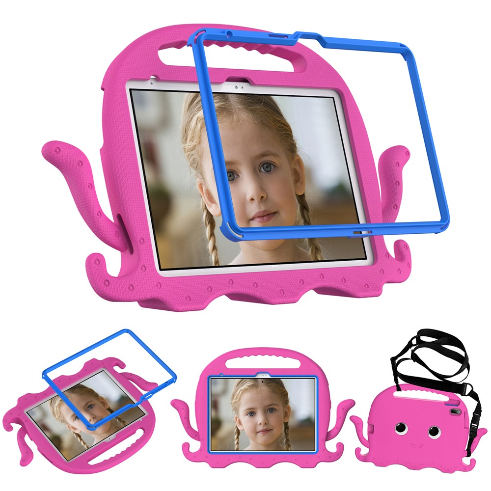 For iPad (2025) / 10.9 (2022) / Air 11 (2025) / (2024) EVA Case Cartoon Octopus Hand Grip Tablet Cover with Shoulder Strap - Rose