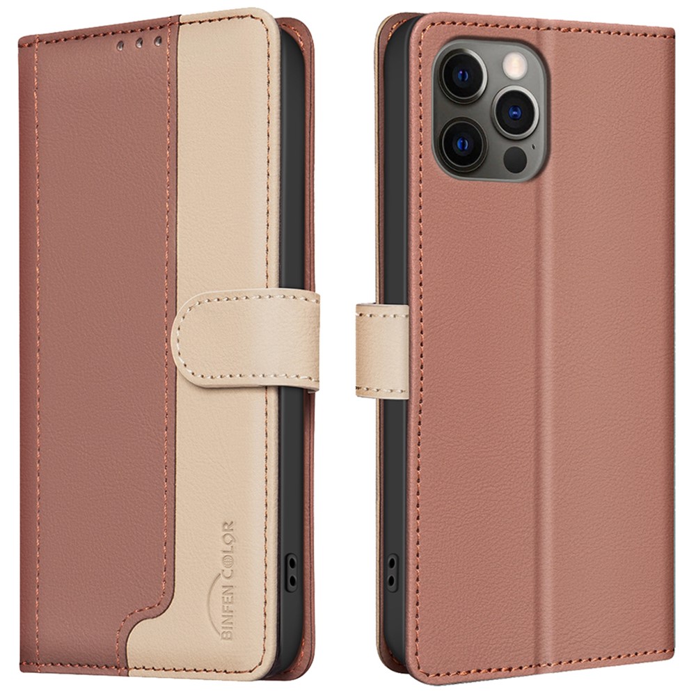 BINFEN COLOR BF33 For iPhone 13 Pro Case RFID Blocking Leather Wallet Flip Phone Cover - Brown