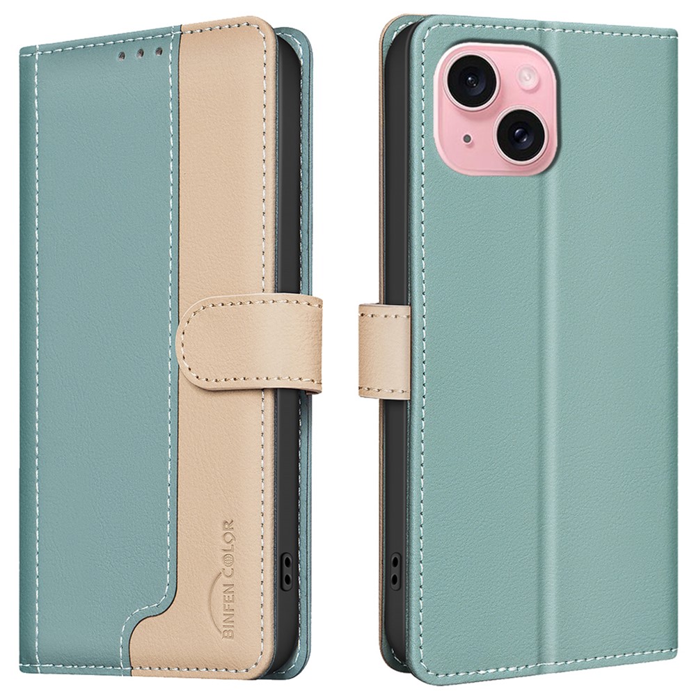 BINFEN COLOR BF33 For iPhone 14 / 13 Case Splicing Color PU Leather Protective Phone Cover - Green