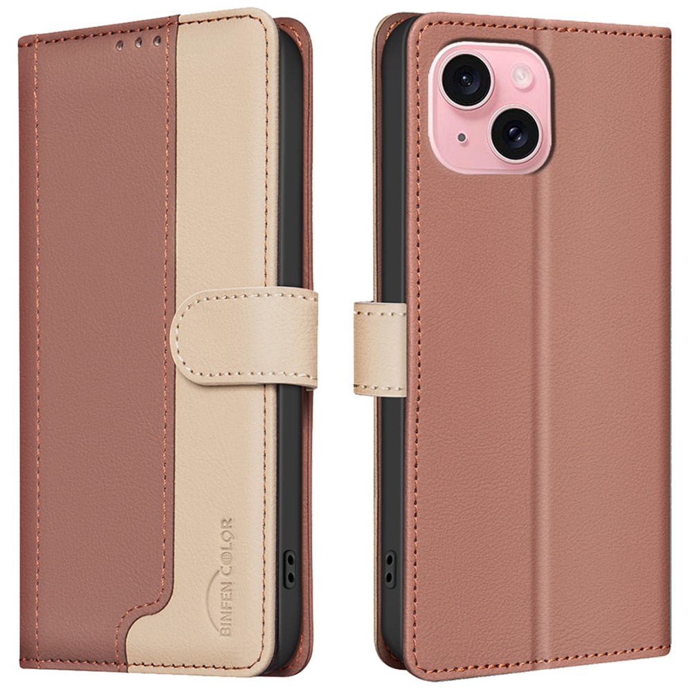 BINFEN COLOR BF33 For iPhone 14 / 13 Case Splicing Color PU Leather Protective Phone Cover - Brown