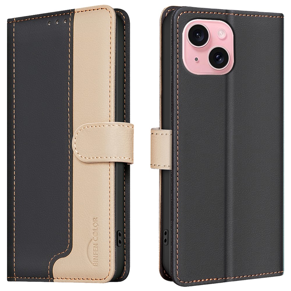 BINFEN COLOR BF33 For iPhone 14 / 13 Case Splicing Color PU Leather Protective Phone Cover - Black