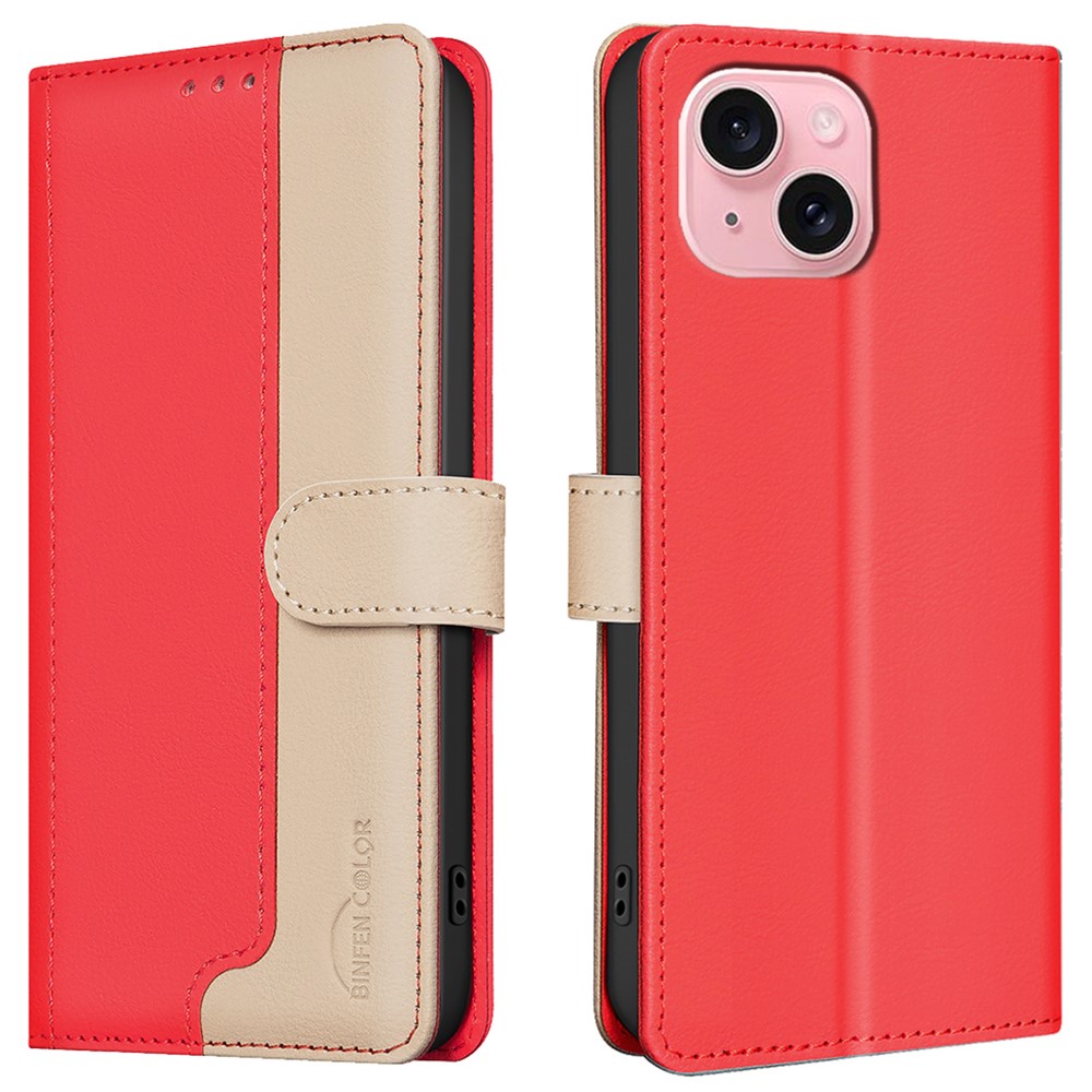 BINFEN COLOR BF33 For iPhone 14 / 13 Case Splicing Color PU Leather Protective Phone Cover - Red