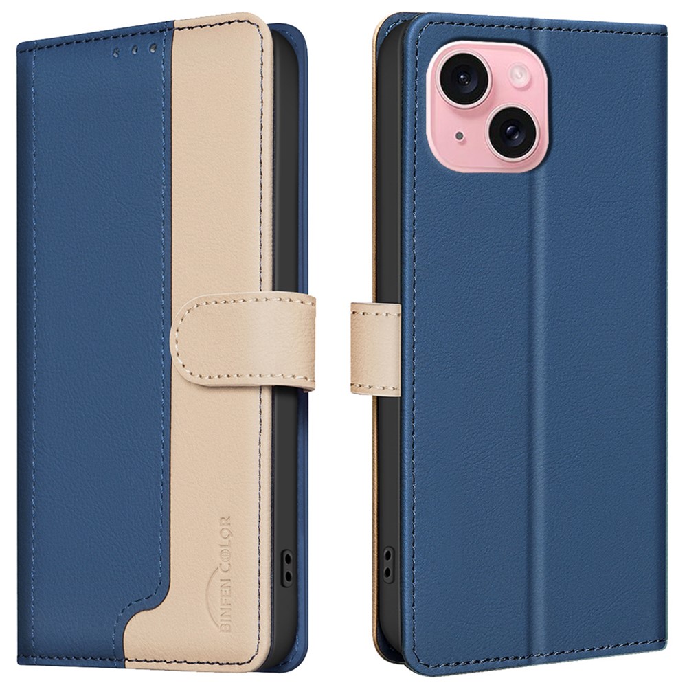 BINFEN COLOR BF33 For iPhone 14 / 13 Case Splicing Color PU Leather Protective Phone Cover - Blue