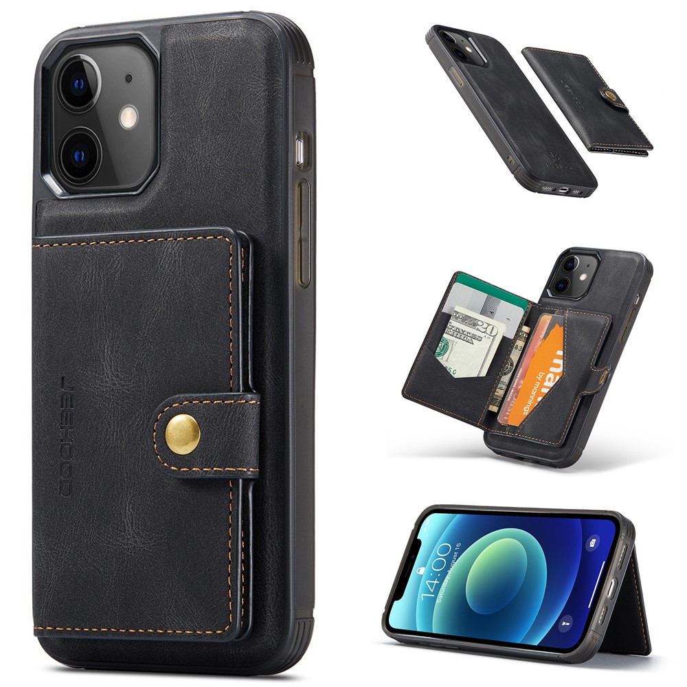 JEEHOOD J01 For iPhone 12 / 12 Pro Case Leather Phone Back Cover Magnetic Detachable Card Bag - Black