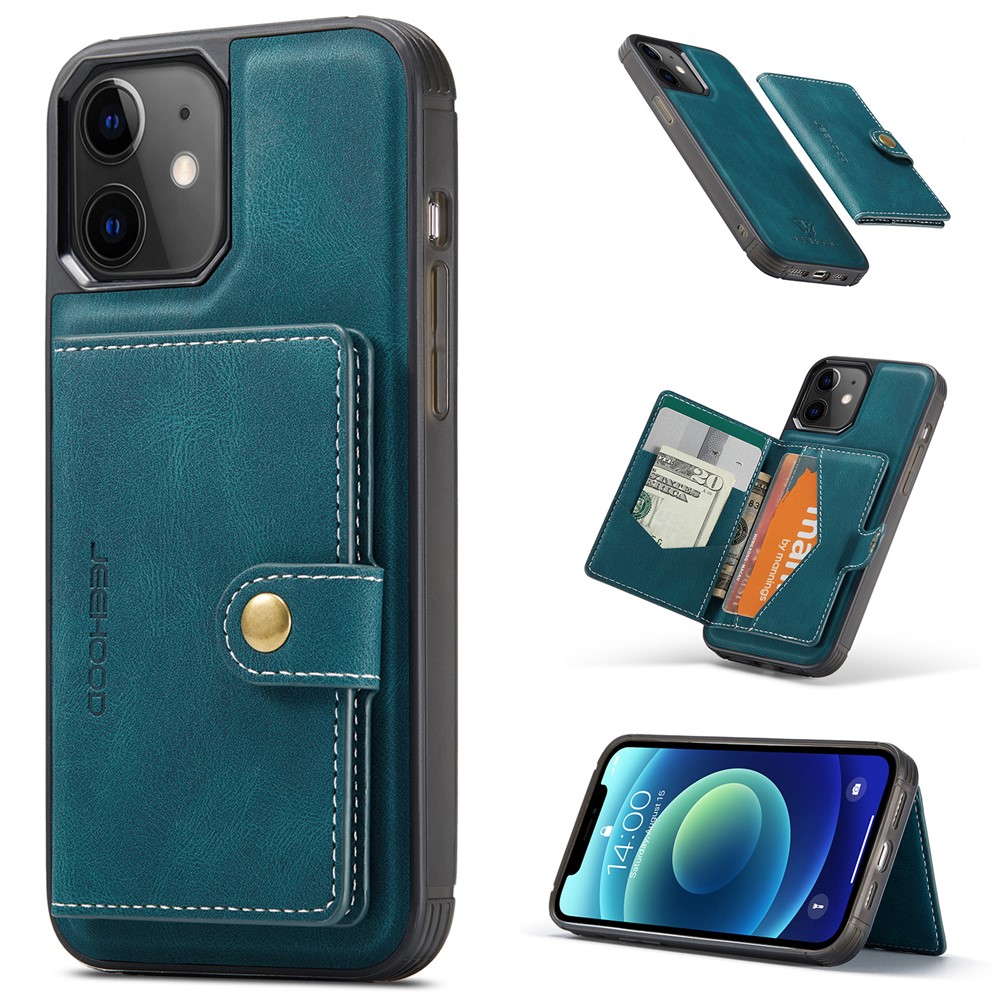 JEEHOOD J01 For iPhone 12 / 12 Pro Case Leather Phone Back Cover Magnetic Detachable Card Bag - Blue