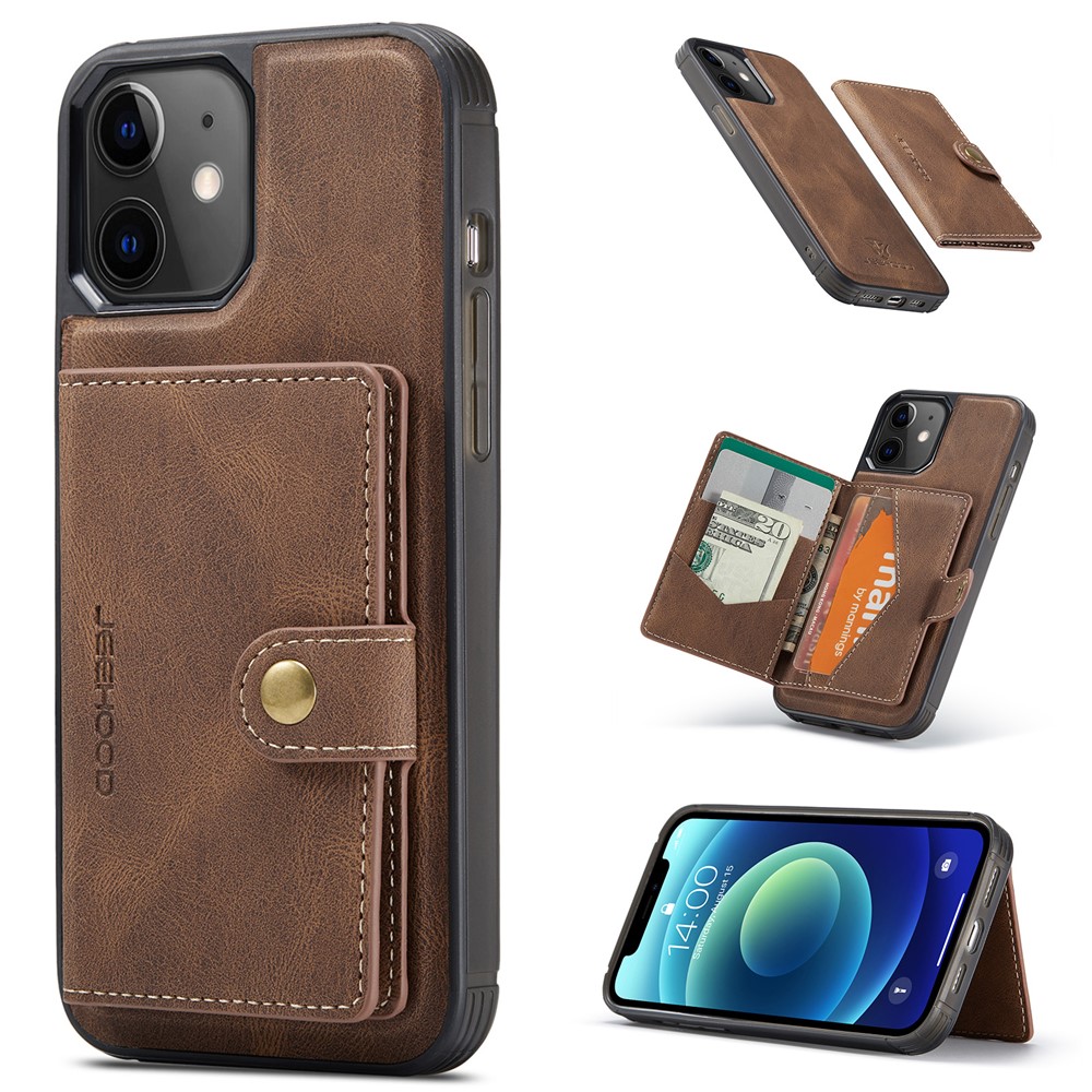 JEEHOOD J01 For iPhone 12 / 12 Pro Case Leather Phone Back Cover Magnetic Detachable Card Bag - Brown