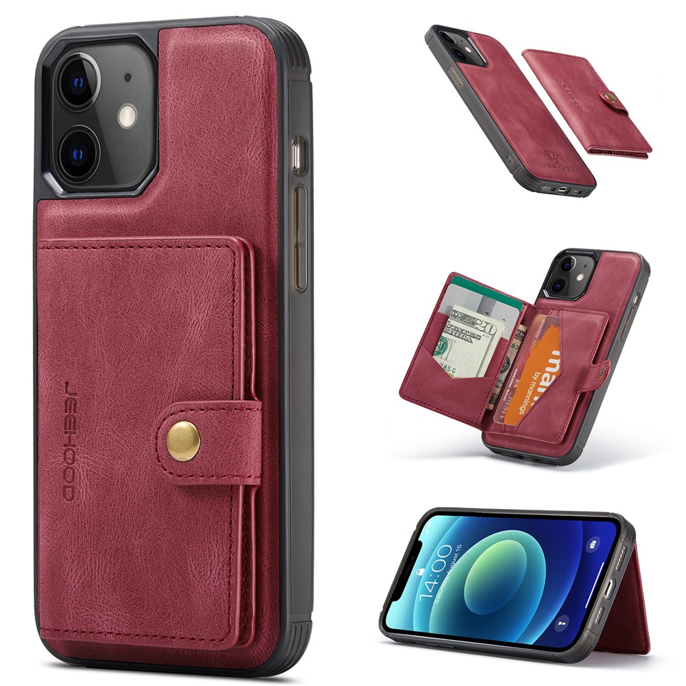 JEEHOOD J01 For iPhone 12 / 12 Pro Case Leather Phone Back Cover Magnetic Detachable Card Bag - Red