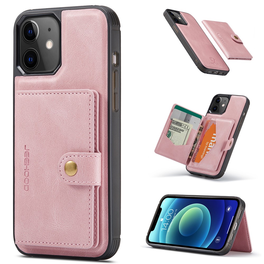 JEEHOOD J01 For iPhone 12 / 12 Pro Case Leather Phone Back Cover Magnetic Detachable Card Bag - Pink