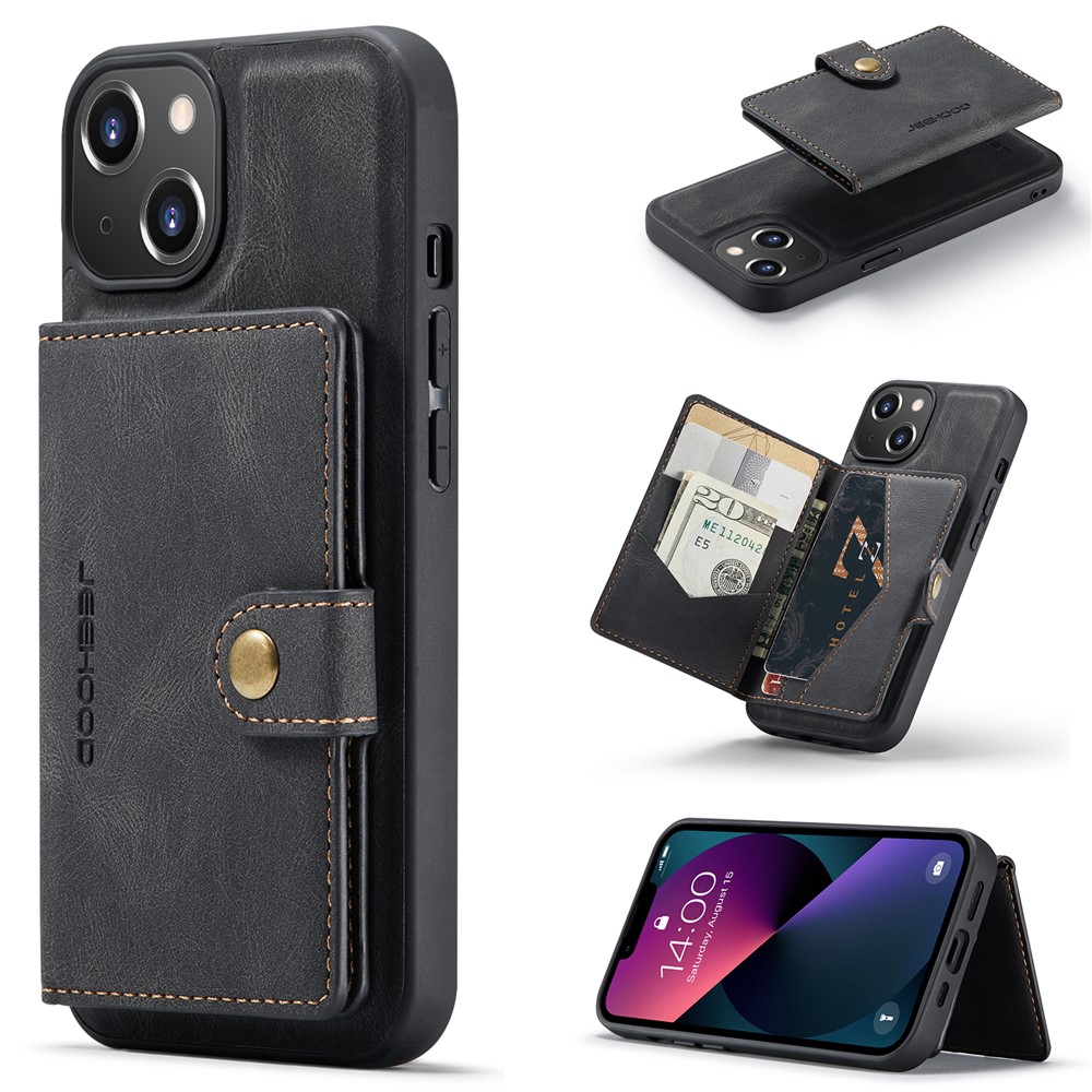 JEEHOOD J01 For iPhone 13 Case Detachable Card Holder Leather Back Cover Compatible with MagSafe - Black
