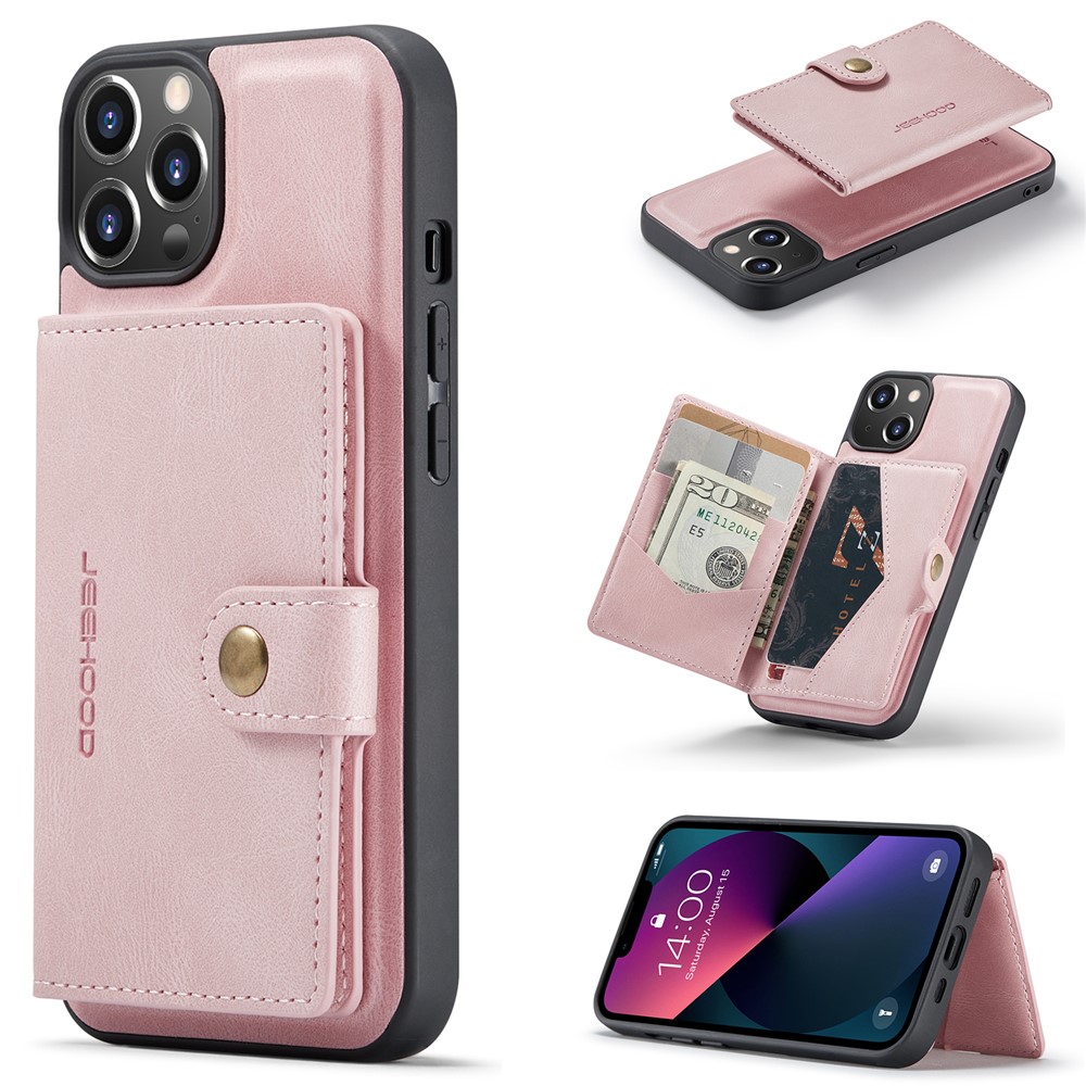 JEEHOOD J01 For iPhone 13 Case Detachable Card Holder Leather Back Cover Compatible with MagSafe - Pink