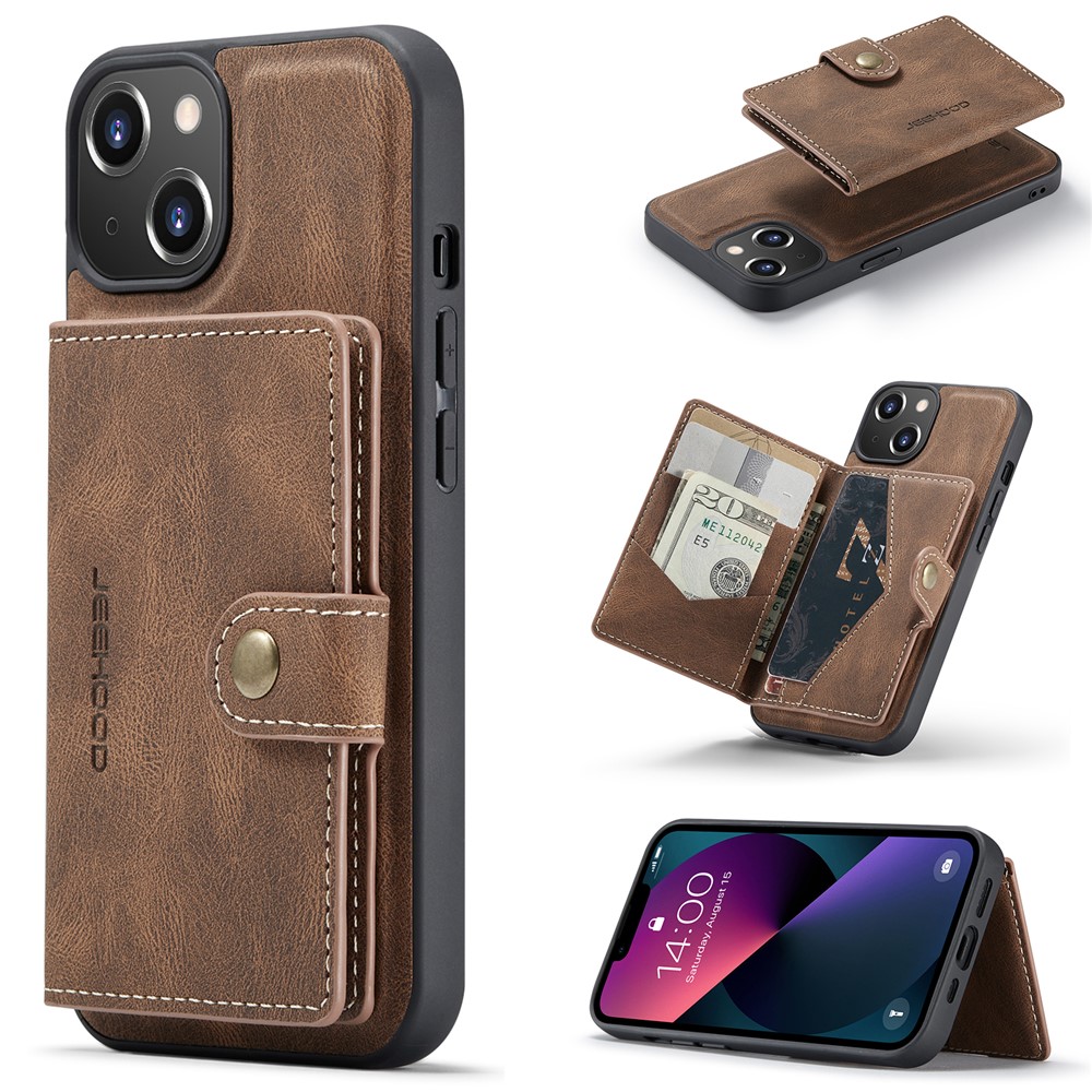 JEEHOOD J01 For iPhone 13 Case Detachable Card Holder Leather Back Cover Compatible with MagSafe - Brown