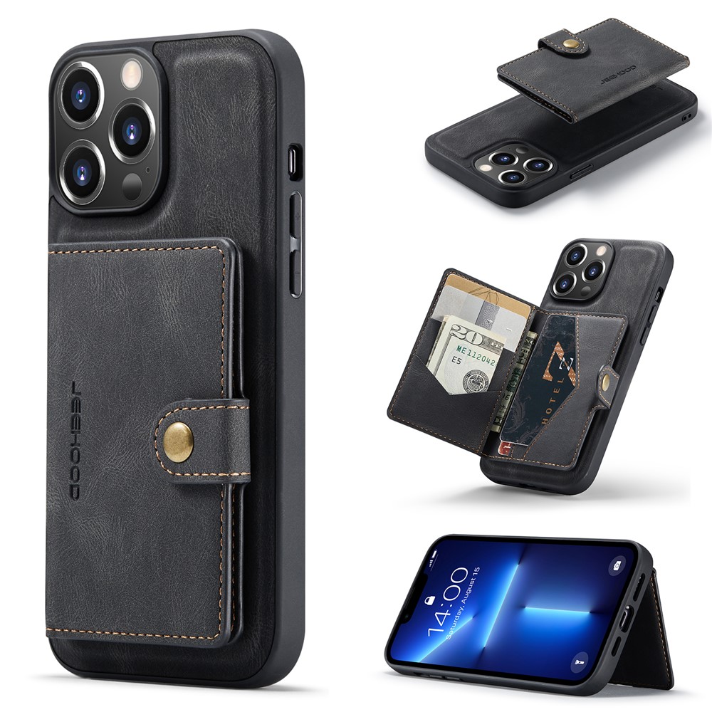 JEEHOOD J01 For iPhone 13 Pro Case Leather+TPU Phone Cover Card Holder Detachable Magnetic Back - Black