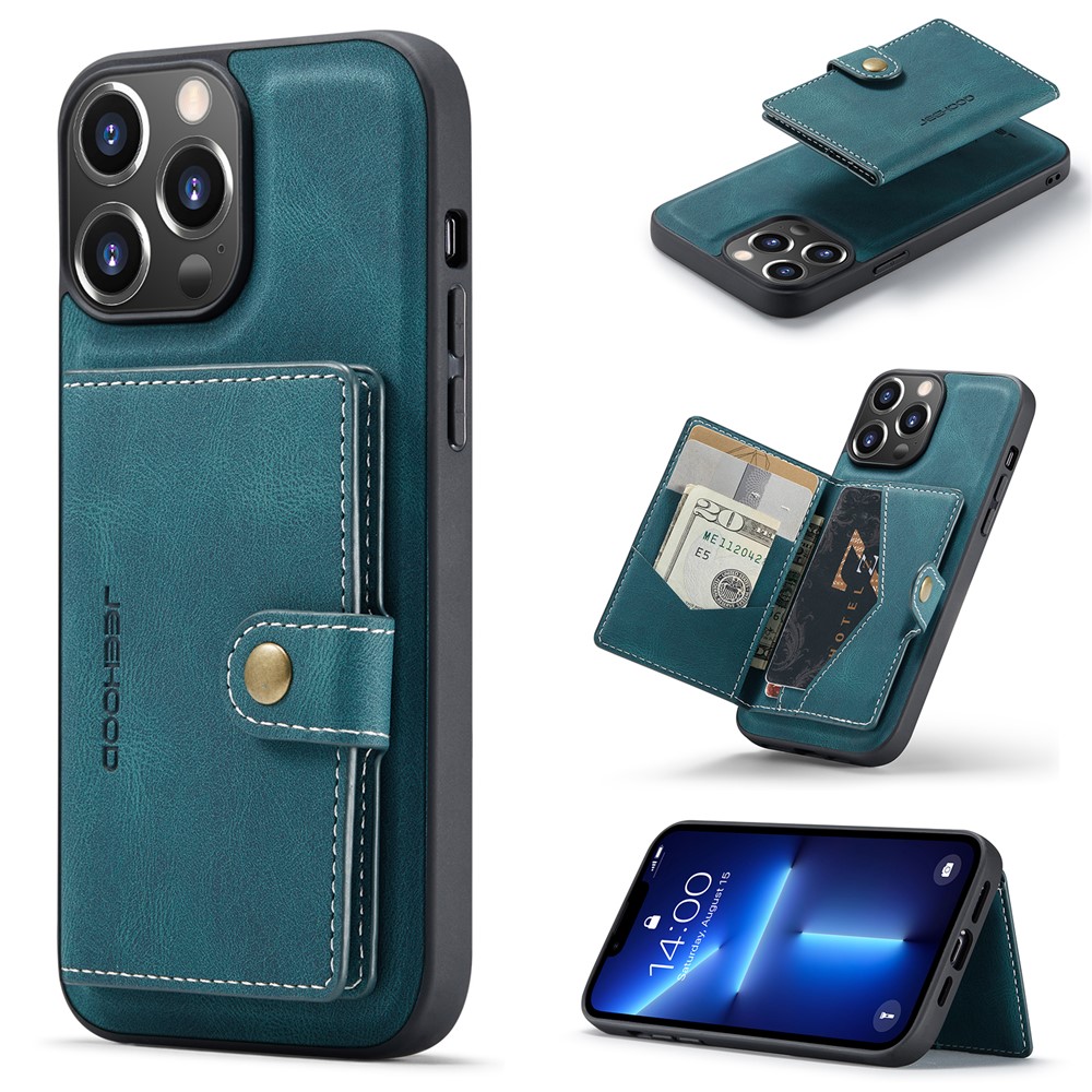 JEEHOOD J01 For iPhone 13 Pro Case Leather+TPU Phone Cover Card Holder Detachable Magnetic Back - Blue