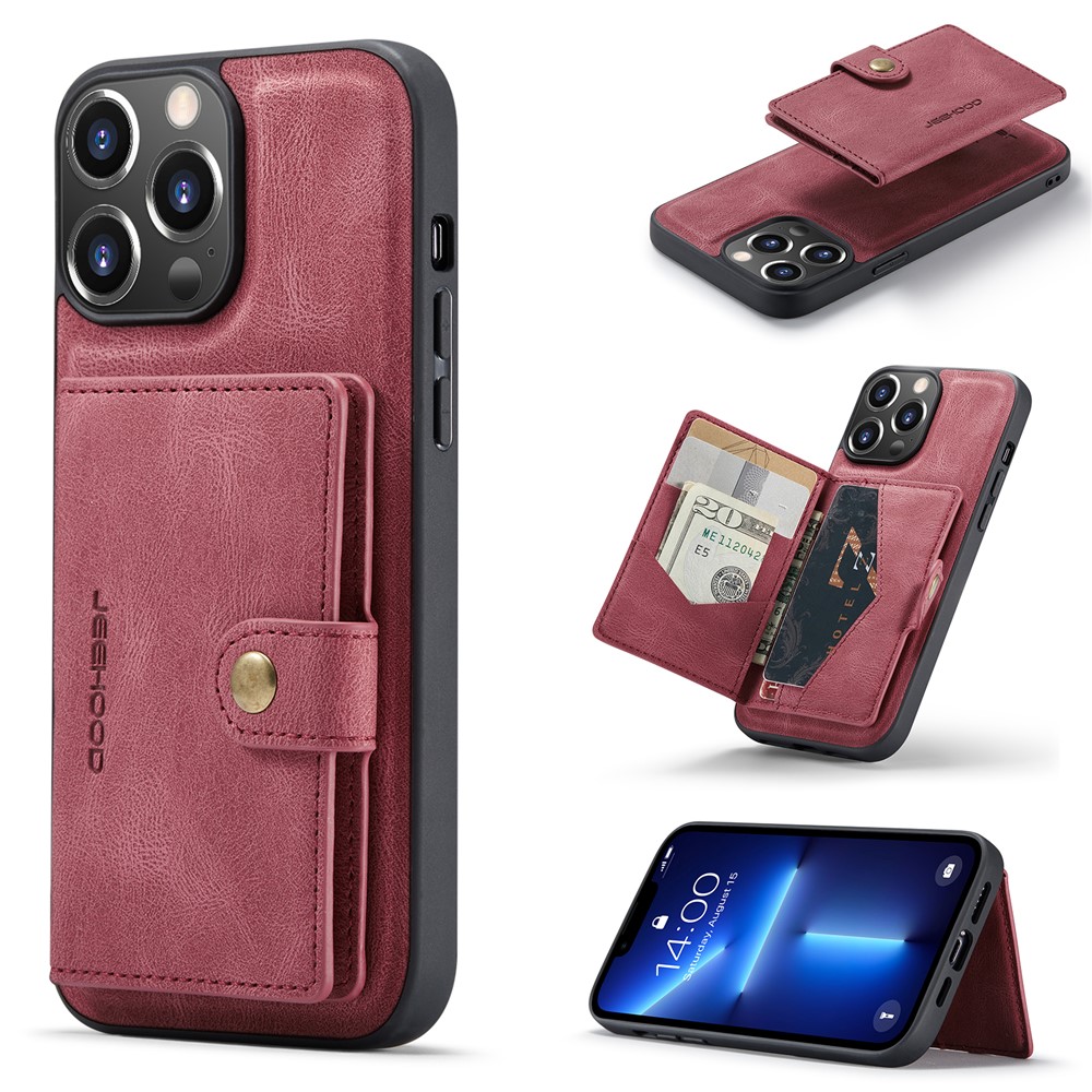 JEEHOOD J01 For iPhone 13 Pro Case Leather+TPU Phone Cover Card Holder Detachable Magnetic Back - Red