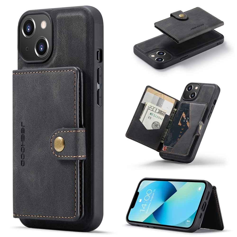 JEEHOOD J01 For iPhone 14 Case Leather+TPU Phone Cover Magnetic 2-in-1 Detachable - Black