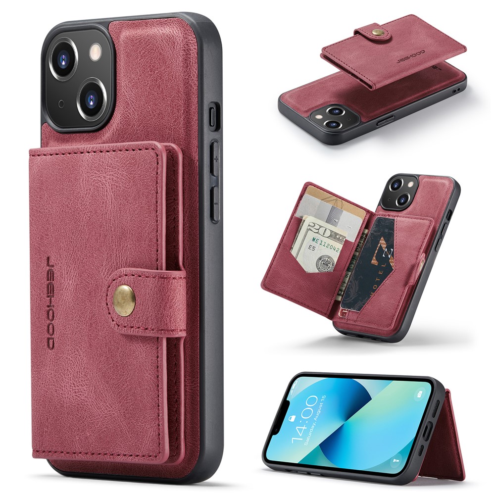 JEEHOOD J01 For iPhone 14 Case Leather+TPU Phone Cover Magnetic 2-in-1 Detachable - Red