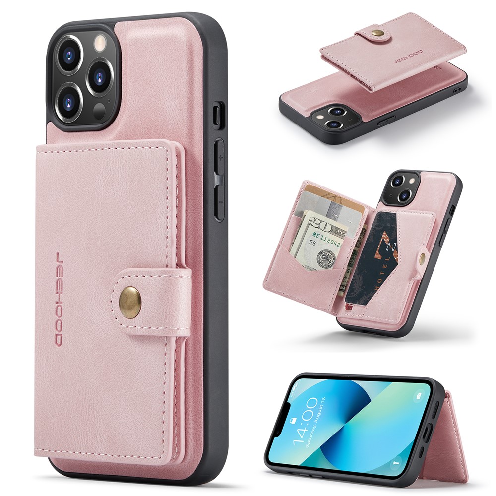 JEEHOOD J01 For iPhone 14 Case Leather+TPU Phone Cover Magnetic 2-in-1 Detachable - Pink