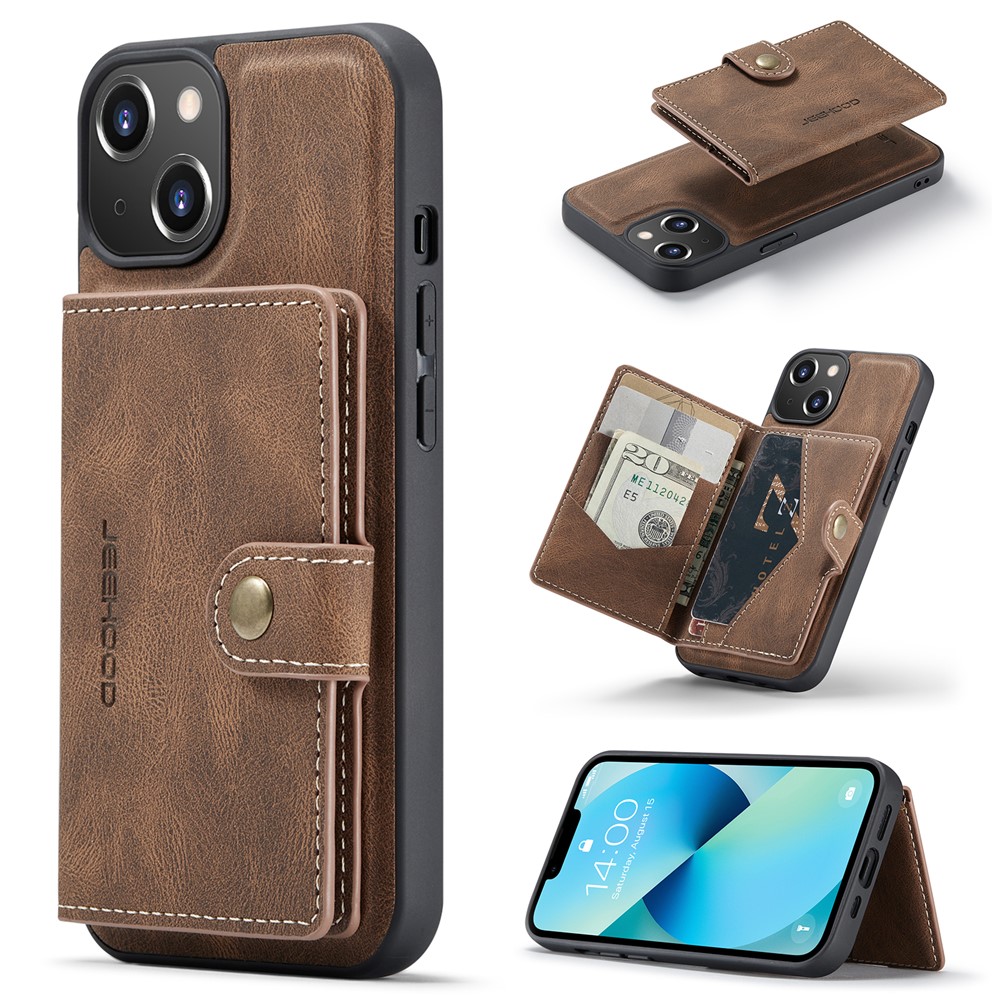 JEEHOOD J01 For iPhone 14 Case Leather+TPU Phone Cover Magnetic 2-in-1 Detachable - Brown