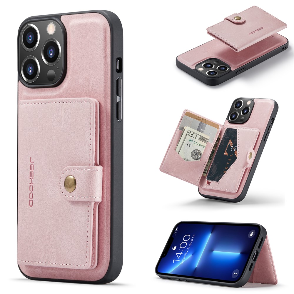 JEEHOOD J01 For iPhone 13 Pro Max Case Leather+TPU Detachable Magnetic Phone Cover Card Bag - Pink