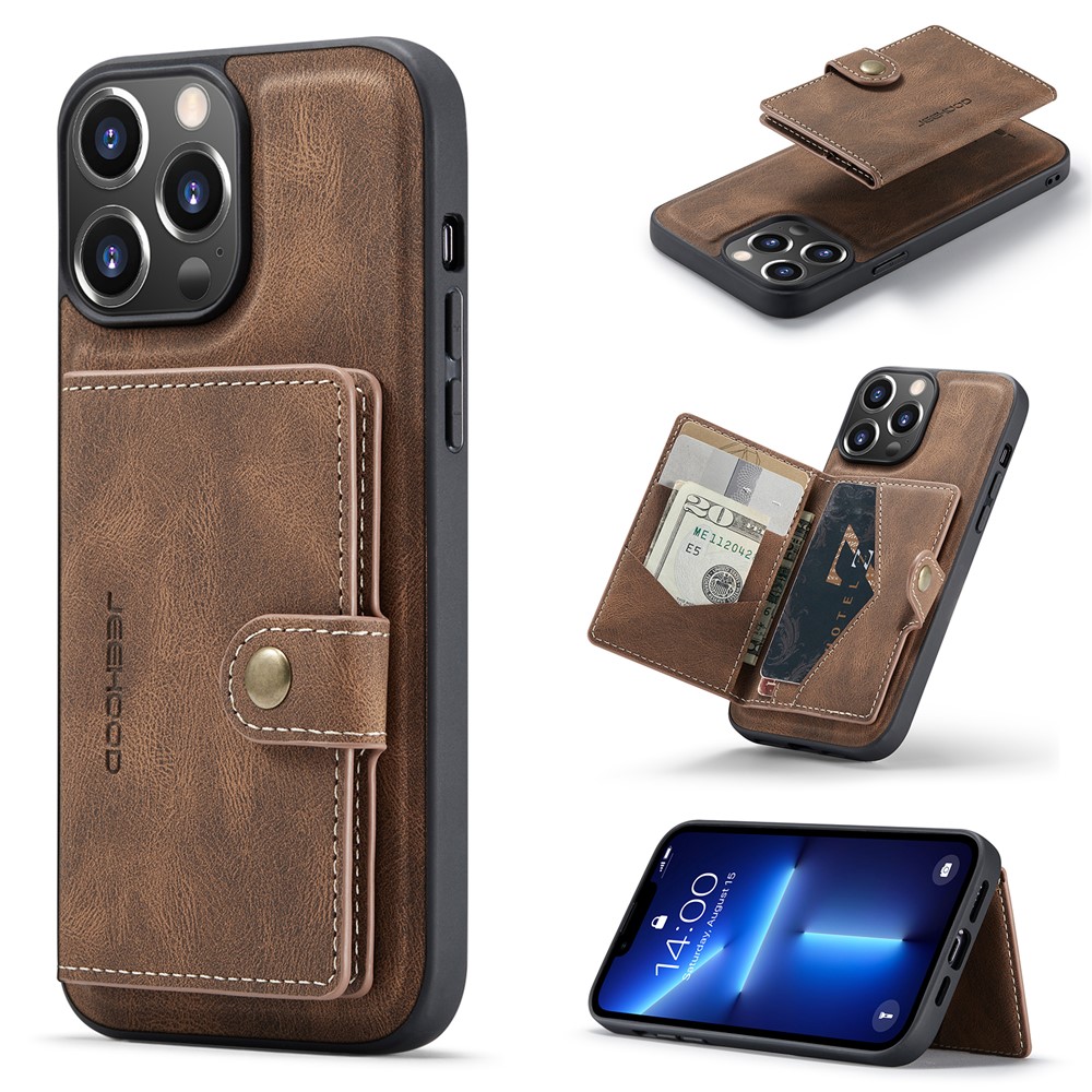 JEEHOOD J01 For iPhone 13 Pro Max Case Leather+TPU Detachable Magnetic Phone Cover Card Bag - Brown