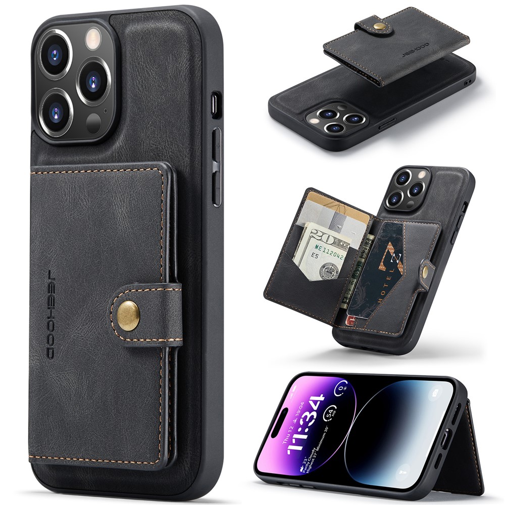 JEEHOOD J01 For iPhone 14 Pro Case Leather+TPU Phone Cover Magnetic Detachable with Card Holder Pocket - Black
