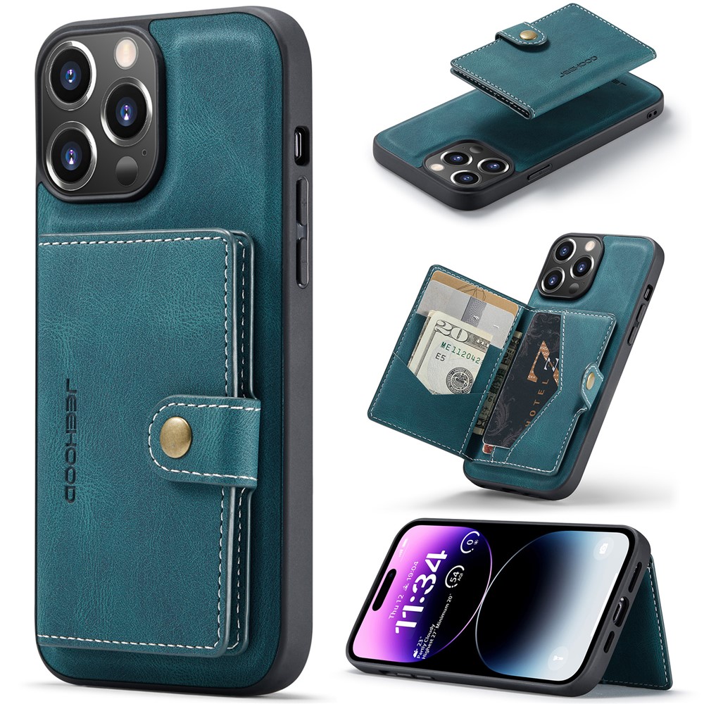 JEEHOOD J01 For iPhone 14 Pro Case Leather+TPU Phone Cover Magnetic Detachable with Card Holder Pocket - Blue