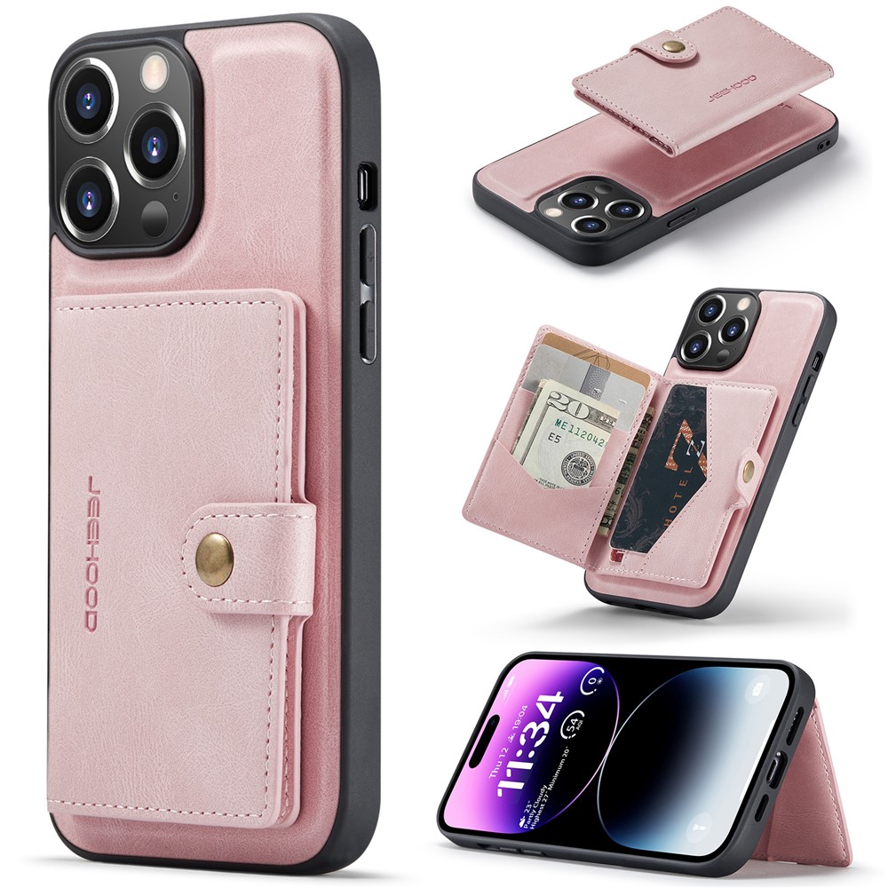JEEHOOD J01 For iPhone 14 Pro Case Leather+TPU Phone Cover Magnetic Detachable with Card Holder Pocket - Pink