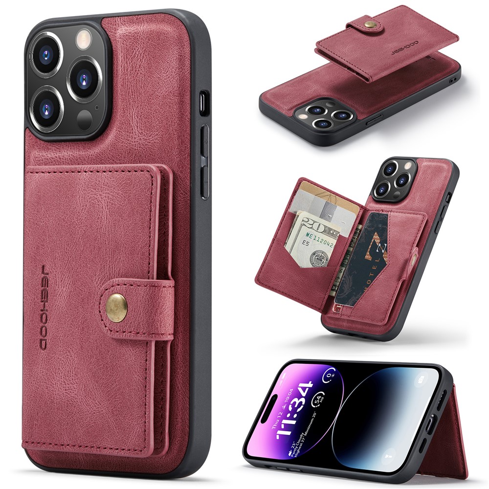 JEEHOOD J01 For iPhone 14 Pro Case Leather+TPU Phone Cover Magnetic Detachable with Card Holder Pocket - Red