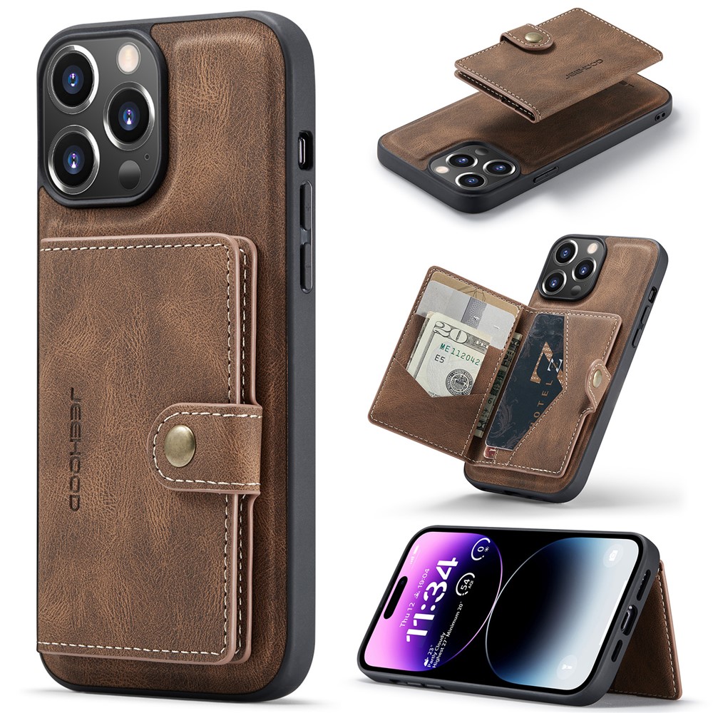JEEHOOD J01 For iPhone 14 Pro Case Leather+TPU Phone Cover Magnetic Detachable with Card Holder Pocket - Brown