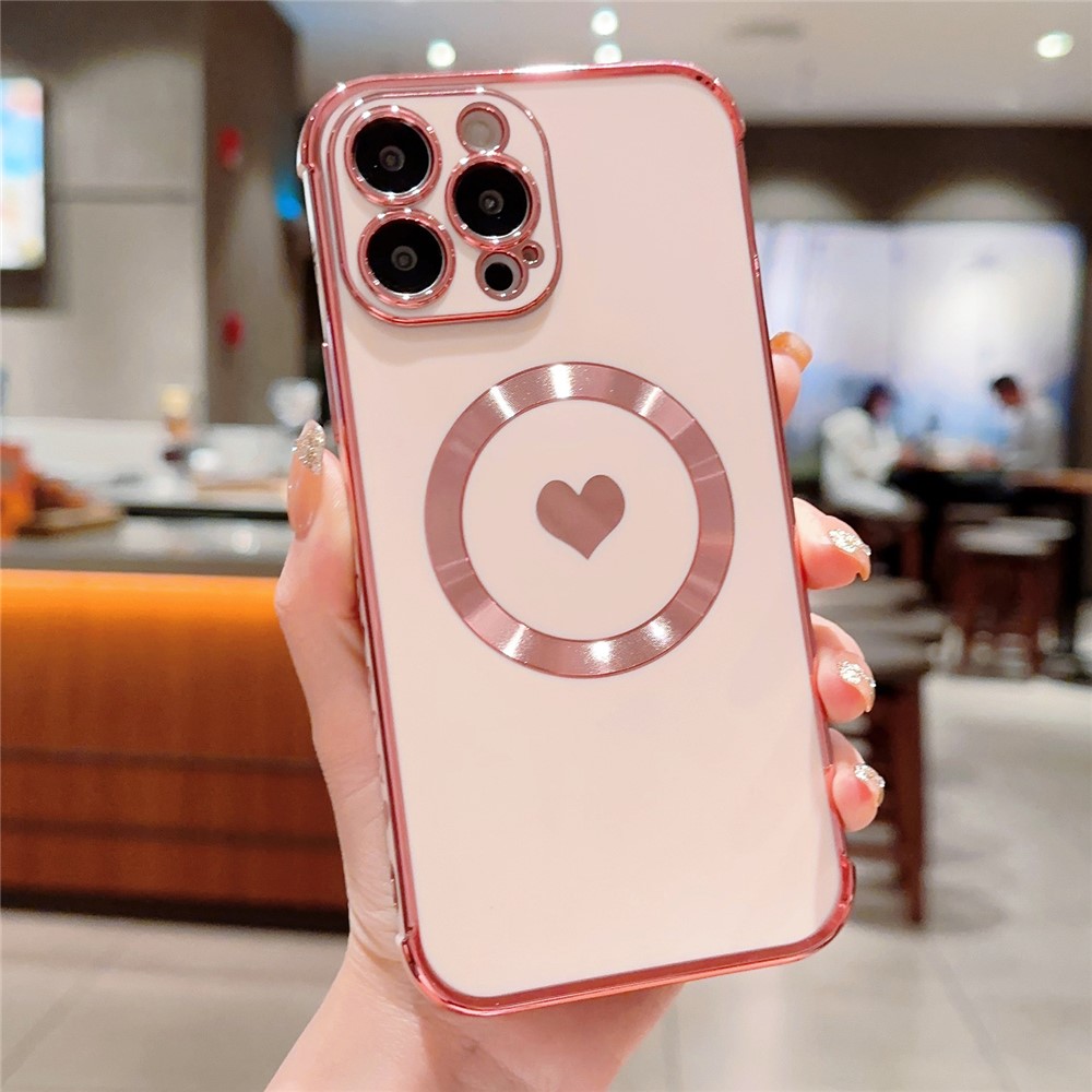 For iPhone 14 Pro Magnetic Case TPU Electroplating Edge Phone Cover Fashion Cute Side Love Heart - Rose Pink