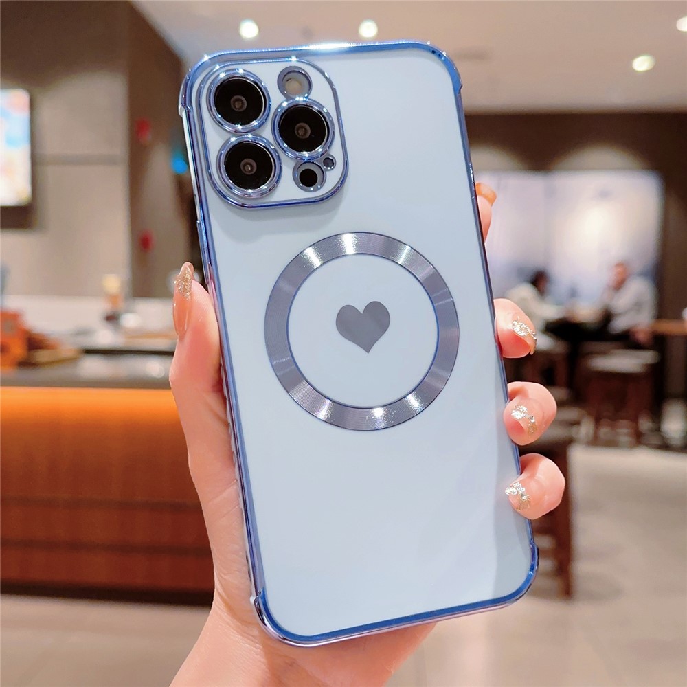 For iPhone 14 Pro Magnetic Case TPU Electroplating Edge Phone Cover Fashion Cute Side Love Heart - Blue