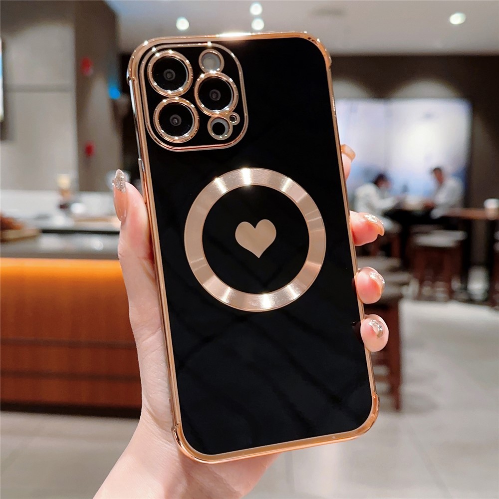 For iPhone 14 Pro Magnetic Case TPU Electroplating Edge Phone Cover Fashion Cute Side Love Heart - Black