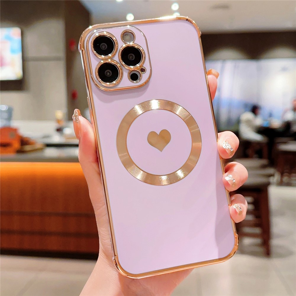 For iPhone 14 Pro Magnetic Case TPU Electroplating Edge Phone Cover Fashion Cute Side Love Heart - Purple