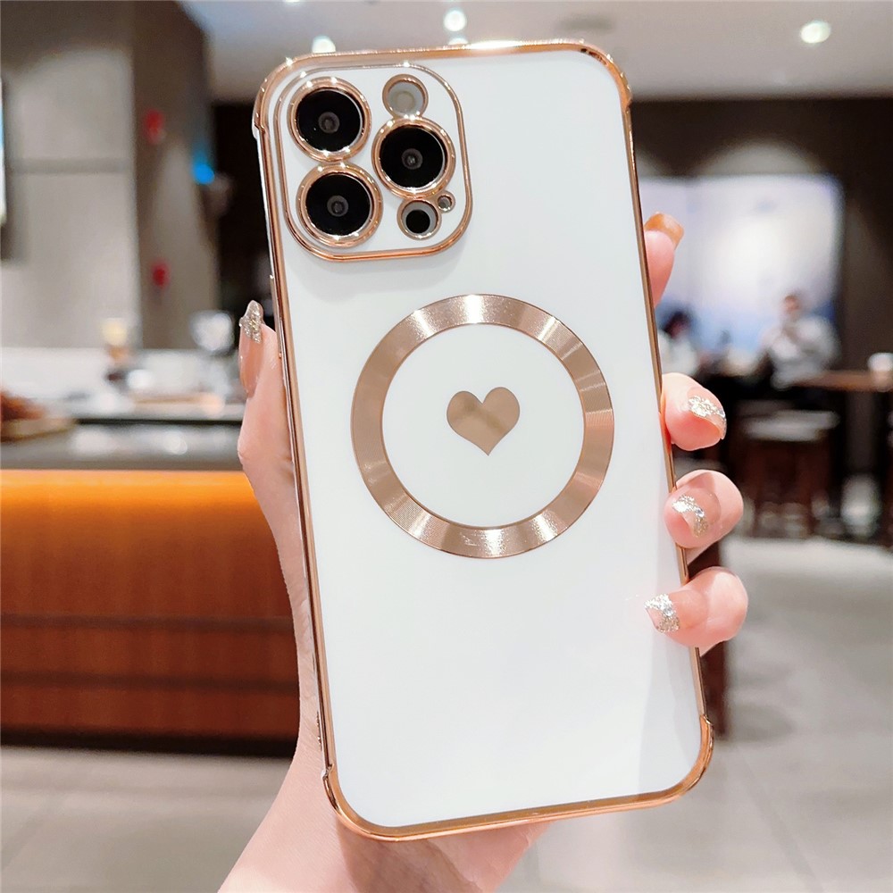 For iPhone 14 Pro Magnetic Case TPU Electroplating Edge Phone Cover Fashion Cute Side Love Heart - Ivory White