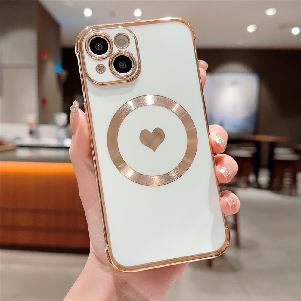 For iPhone 13 Magnetic Case Love Heart Pattern TPU Anti-Scratch Phone Cover Electroplating Edge - Ivory White