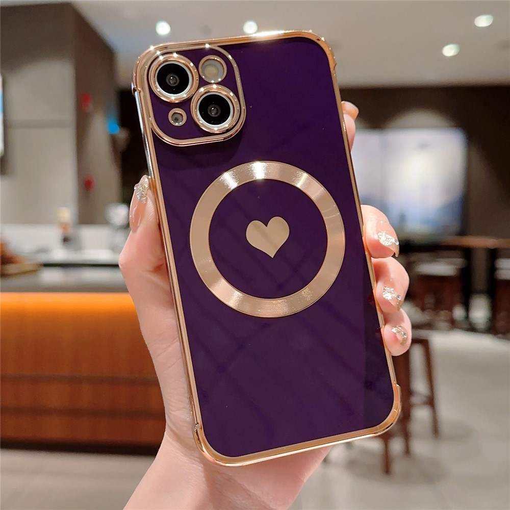 For iPhone 13 Magnetic Case Love Heart Pattern TPU Anti-Scratch Phone Cover Electroplating Edge - Dark Purple