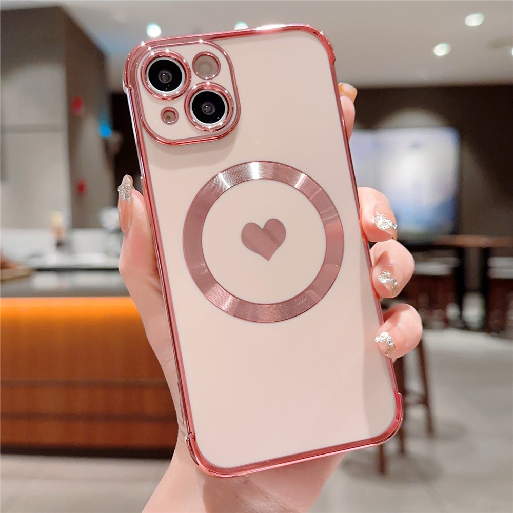 For iPhone 13 Magnetic Case Love Heart Pattern TPU Anti-Scratch Phone Cover Electroplating Edge - Rose Pink