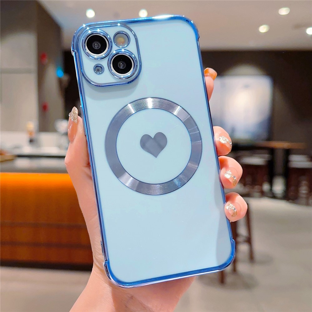 For iPhone 15 Magnetic Case Heart Pattern Electroplating TPU Phone Cover - Blue
